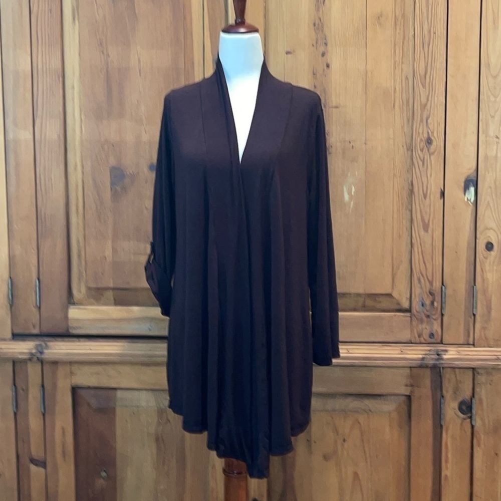 Splendid Chocolate Brown Open Front Roll Tab Sleeve Cardigan Sz. L